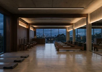 An empty contemporary fitness studio with dimmed lighting.