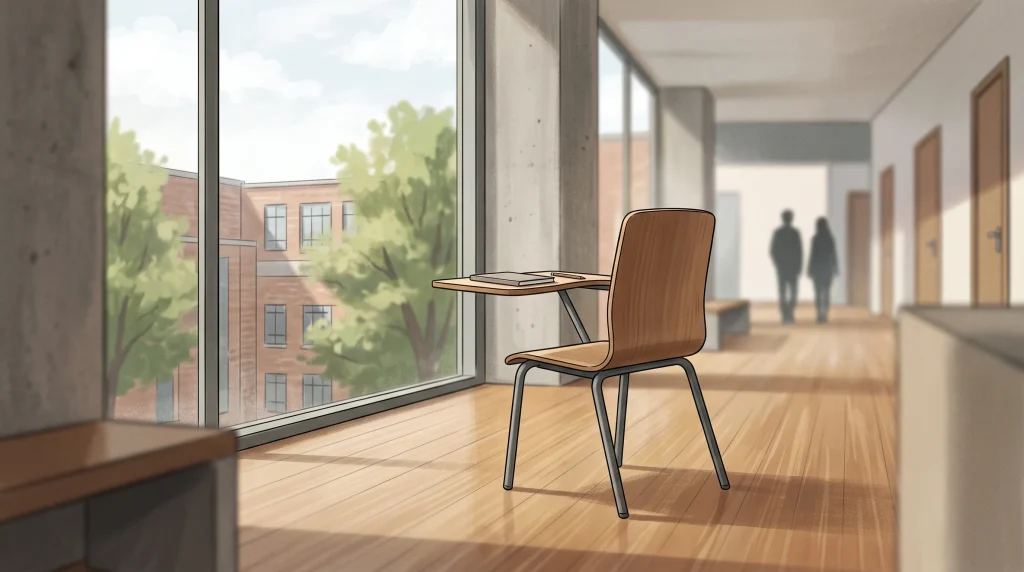A conceptual image of an empty seat in an educational setting.