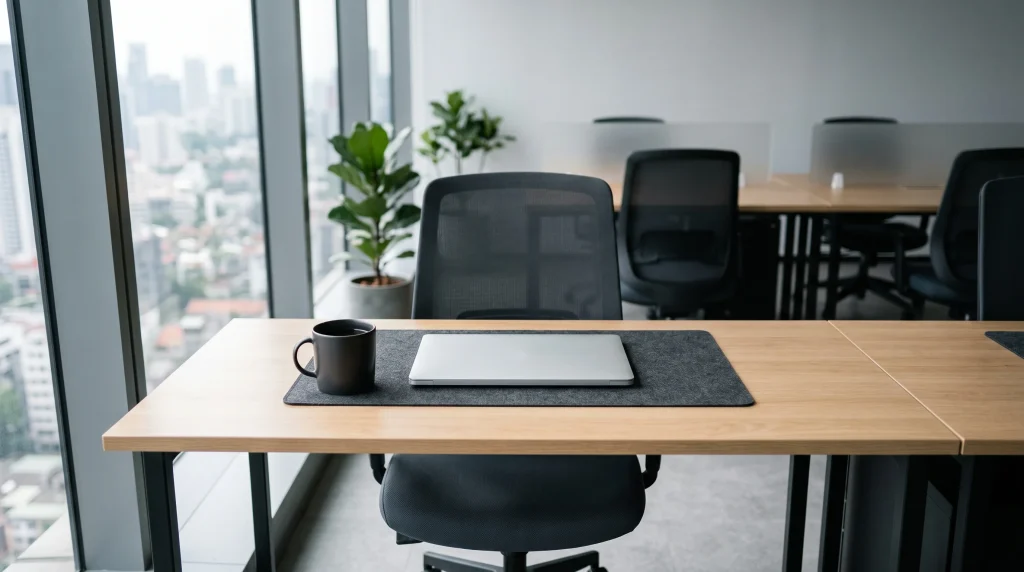 An empty desk in a modern office representing employee absence.