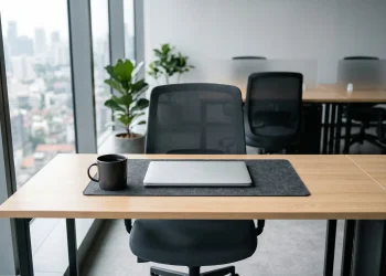 An empty desk in a modern office representing employee absence.