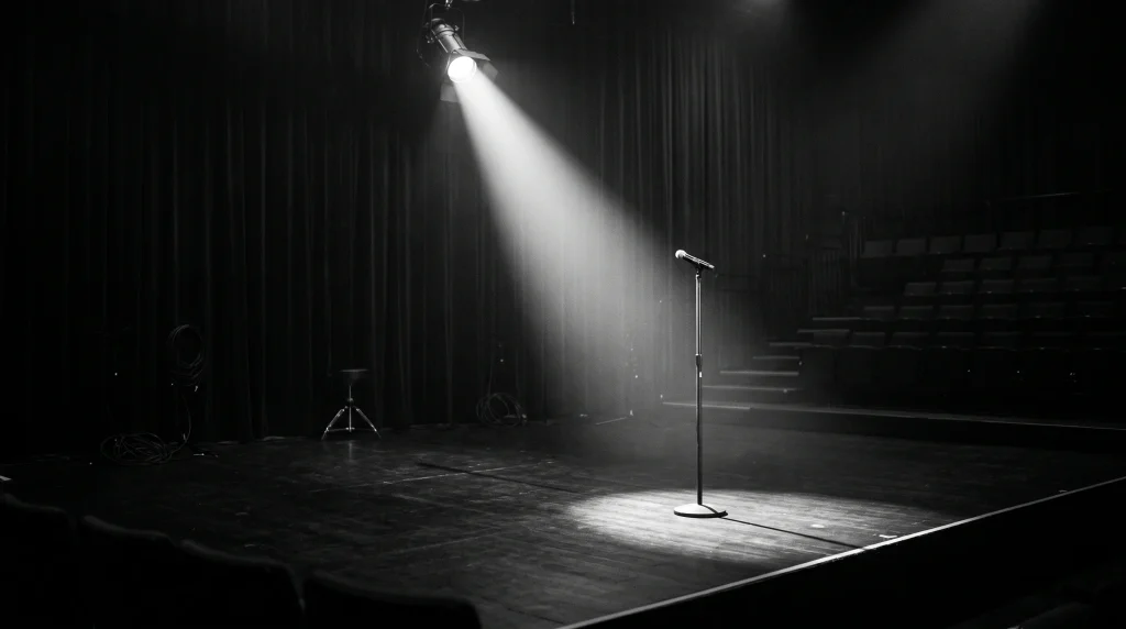A single spotlight on an empty stage with a microphone stand.
