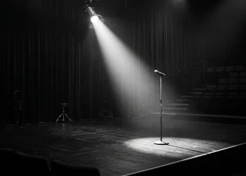 A single spotlight on an empty stage with a microphone stand.