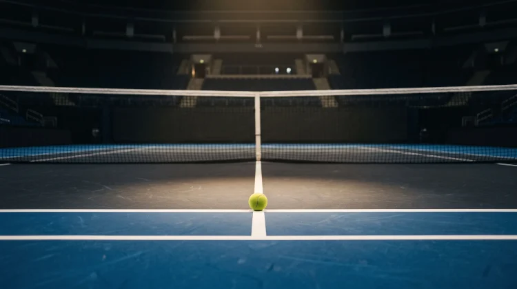 A conceptual view of an empty tennis court with a lone tennis ball, symbolizing a player's absence from a major tournament.