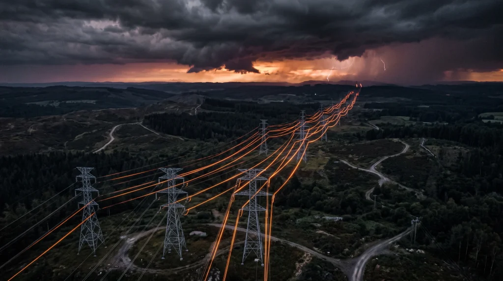 Conceptual image of electricity pylons under a dramatic sky representing energy market volatility.