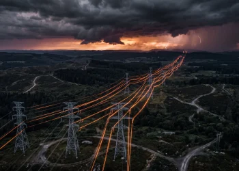 Conceptual image of electricity pylons under a dramatic sky representing energy market volatility.