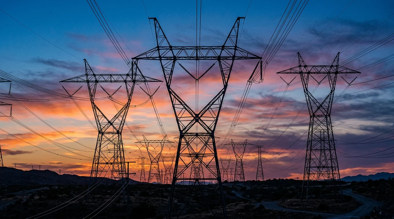 Abstract industrial transmission towers and electrical lines against a dark sky.