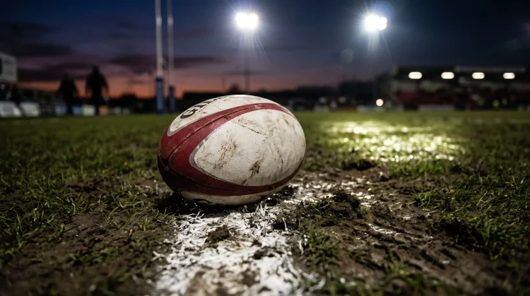 A close-up conceptual image of a rugby ball on a stadium pitch.