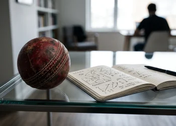 A cricket ball and a notebook on a glass table representing strategic sports mentorship.
