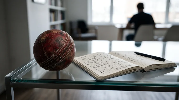 A cricket ball and a notebook on a glass table representing strategic sports mentorship.