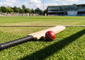 A cricket bat and ball on a pitch.