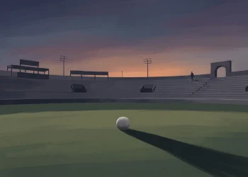 A minimalist illustration of a cricket field at twilight representing a change in team leadership.