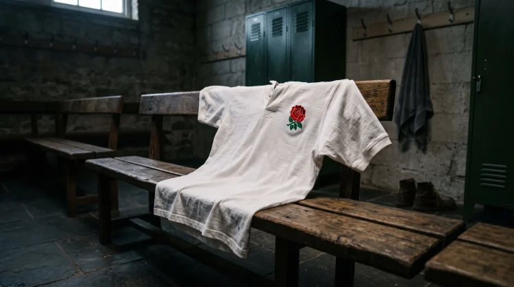 A rugby jersey resting on a locker room bench.