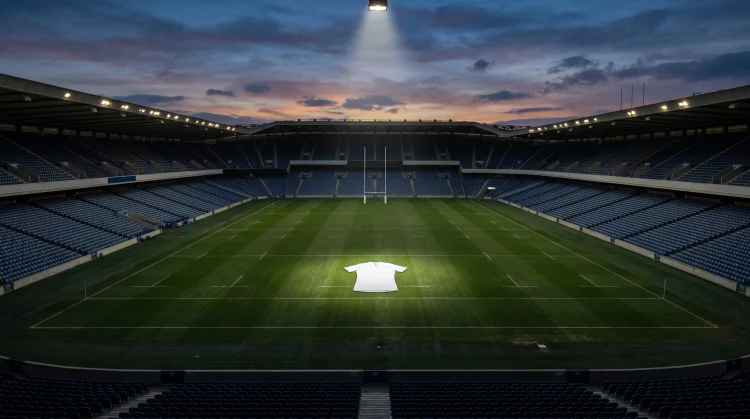 Conceptual image of a rugby jersey in an empty stadium representing England selection.