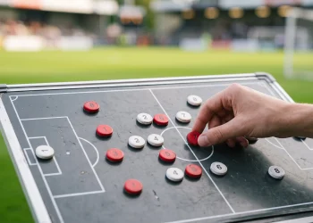 A tactical football coaching board with markers arranged in a match formation.