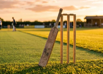 A cricket bat and wickets on a green pitch at sunrise.