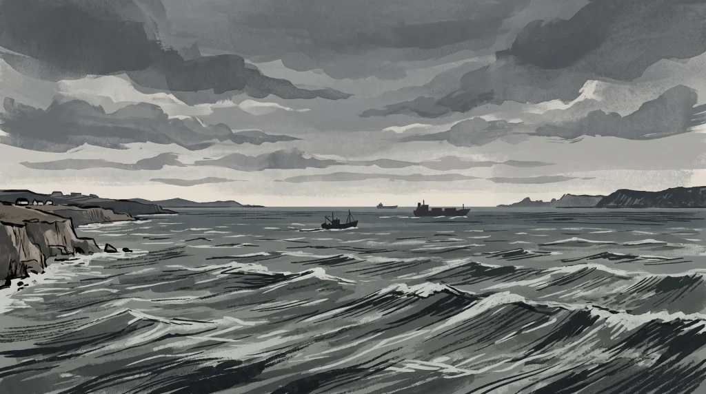 A wide, conceptual shot of the English Channel under an overcast sky.