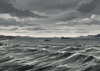 A wide, conceptual shot of the English Channel under an overcast sky.
