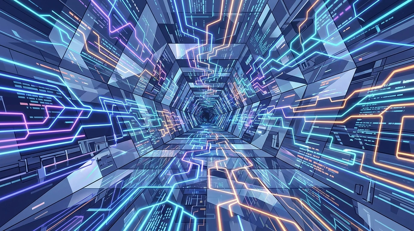 Abstract visualization of reflecting data streams in a dark digital space.