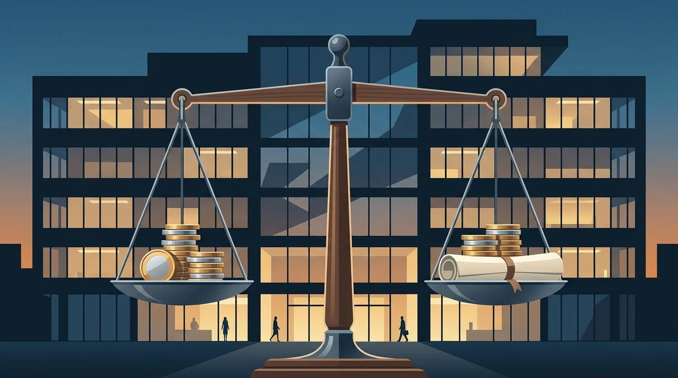 Conceptual scales of justice in front of an office building silhouette.