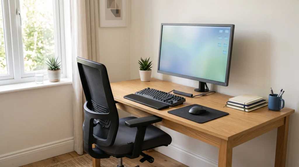 A tidy, ergonomic home office desk setup with a monitor and adjustable chair in a neutral room.
