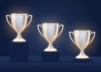 A conceptual illustration of three silver football trophies in a row.