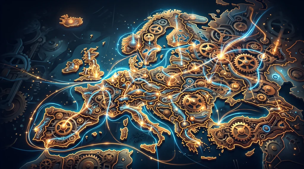 A conceptual illustration of interconnected industrial gears over a map of Europe.