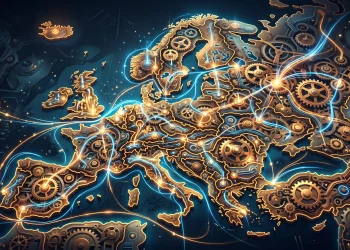 A conceptual illustration of interconnected industrial gears over a map of Europe.