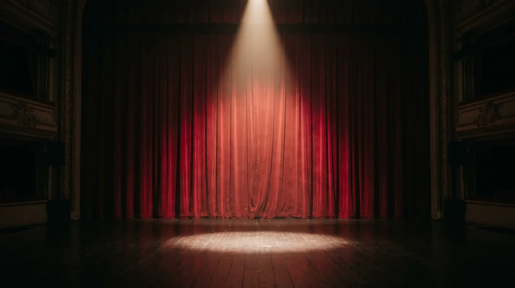 A spotlight on a closed stage curtain symbolizing a broadcast boycott.