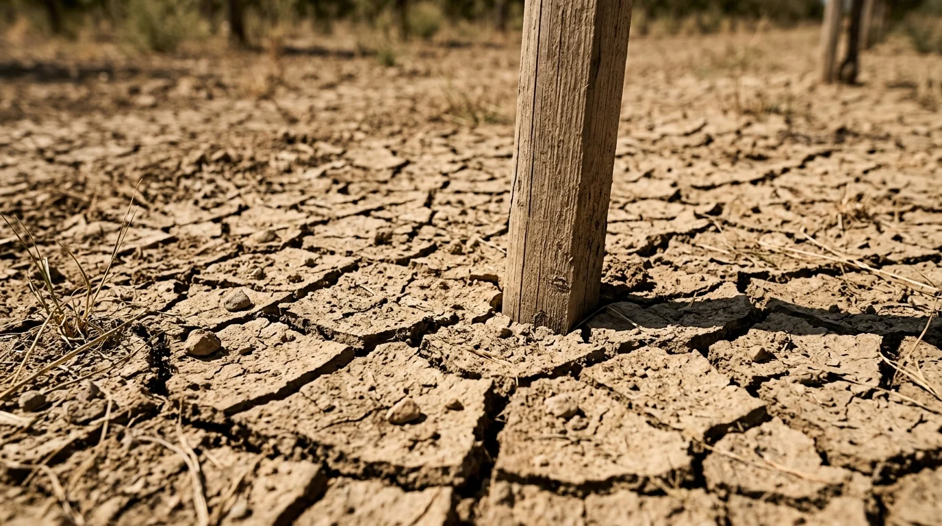 Close up of dry soil around a tree stake.