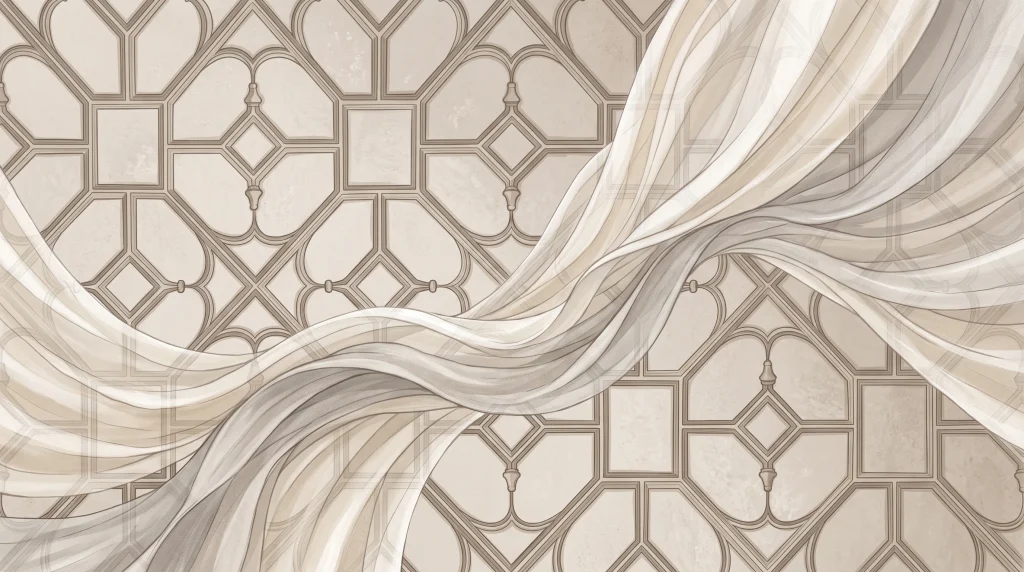 An abstract illustration of fabrics interacting with historic architectural shapes.