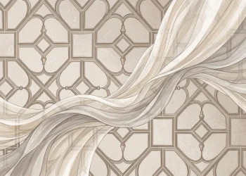 An abstract illustration of fabrics interacting with historic architectural shapes.