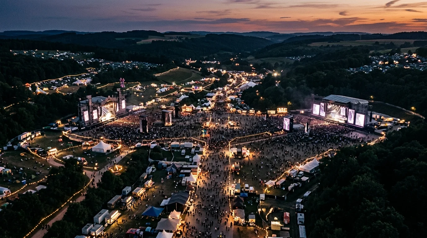 Abstract silhouette of a large festival site at night.