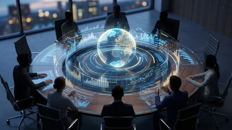 Conceptual image of a global sports organization boardroom with financial data