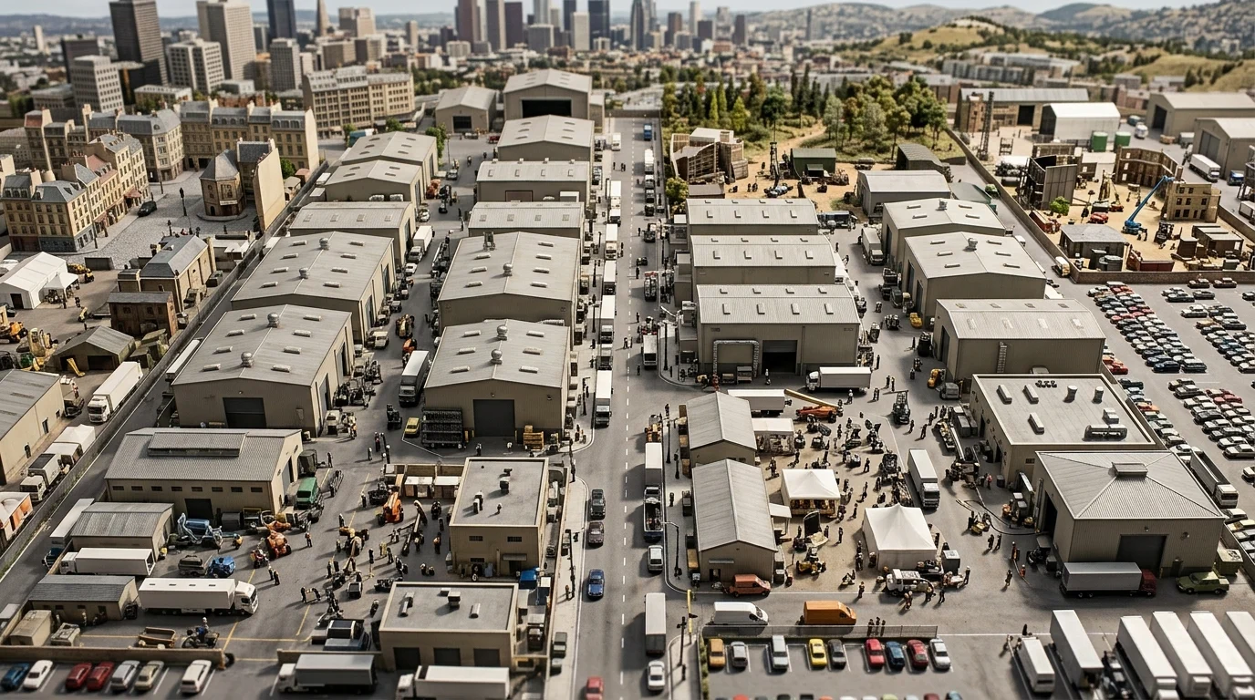 A miniature model of a busy film production studio lot.