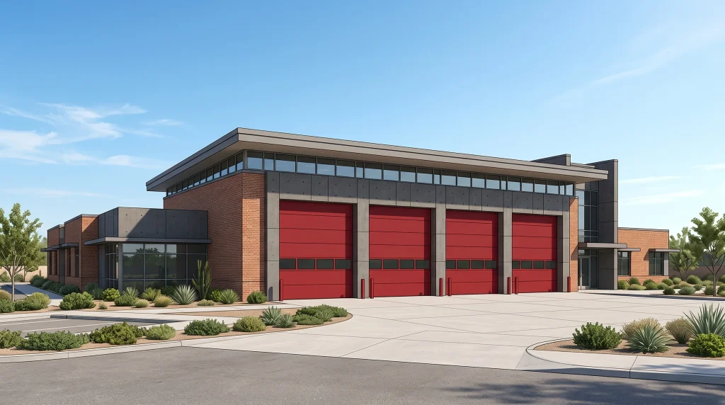 A conceptual view of a fire station with red bay doors.