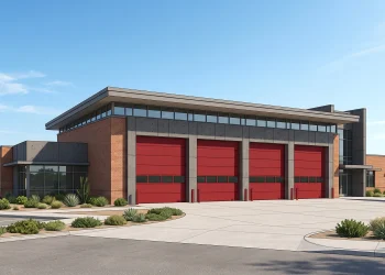 A conceptual view of a fire station with red bay doors.