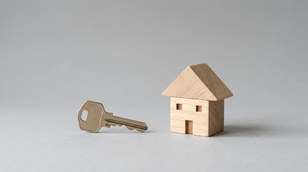 A house key and a small wooden model of a house.