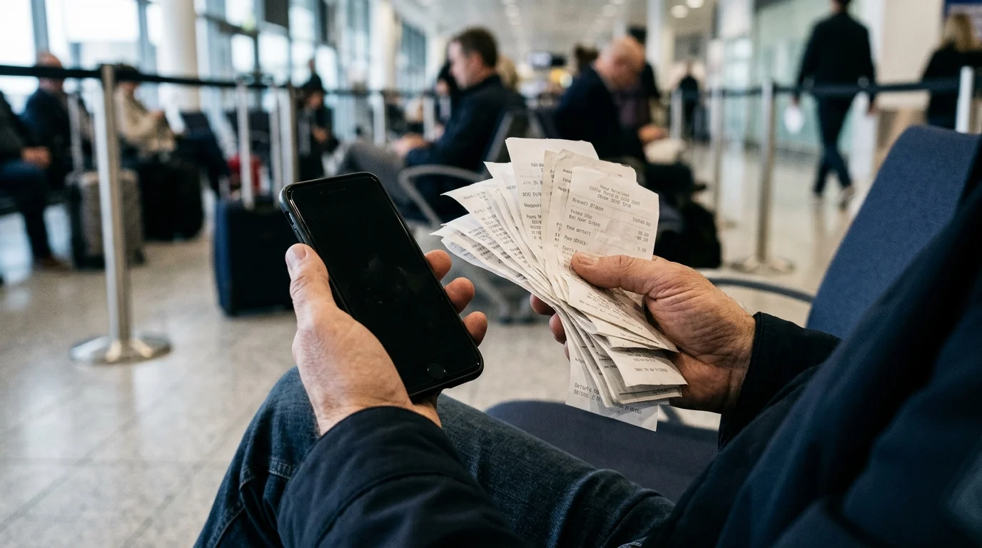 A traveler holding paper receipts and a mobile phone to manage flight delay expenses.