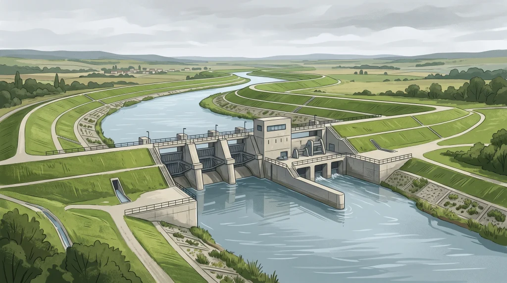A conceptual illustration of a flood management system and water control structure.