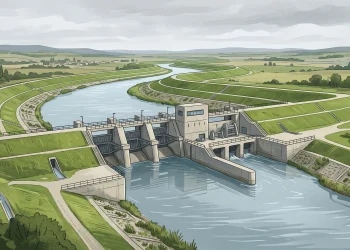 A conceptual illustration of a flood management system and water control structure.