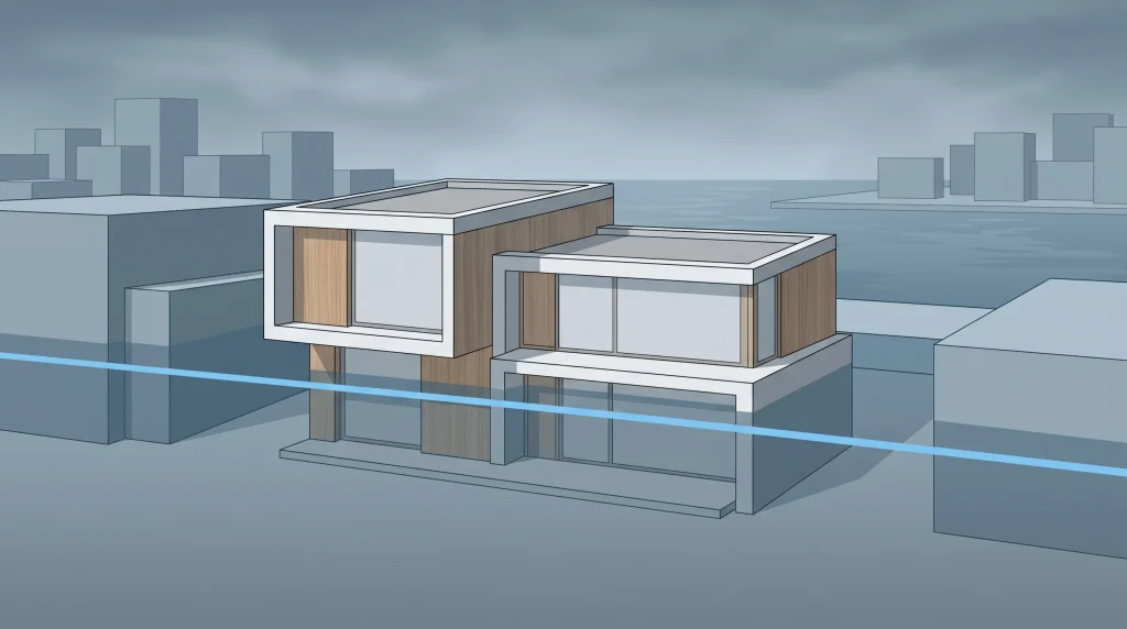 A conceptual model representing a house at risk of flooding.