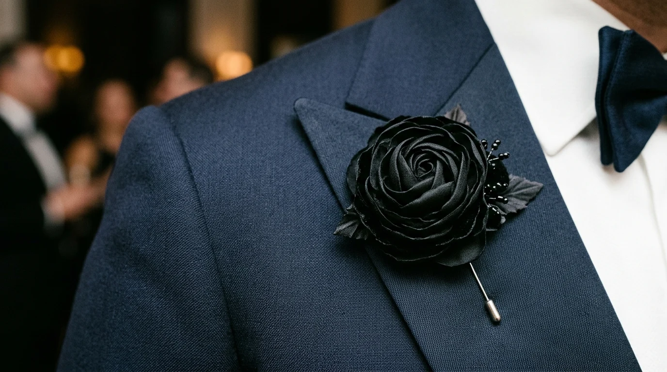 A close-up of a floral lapel pin on a tuxedo.