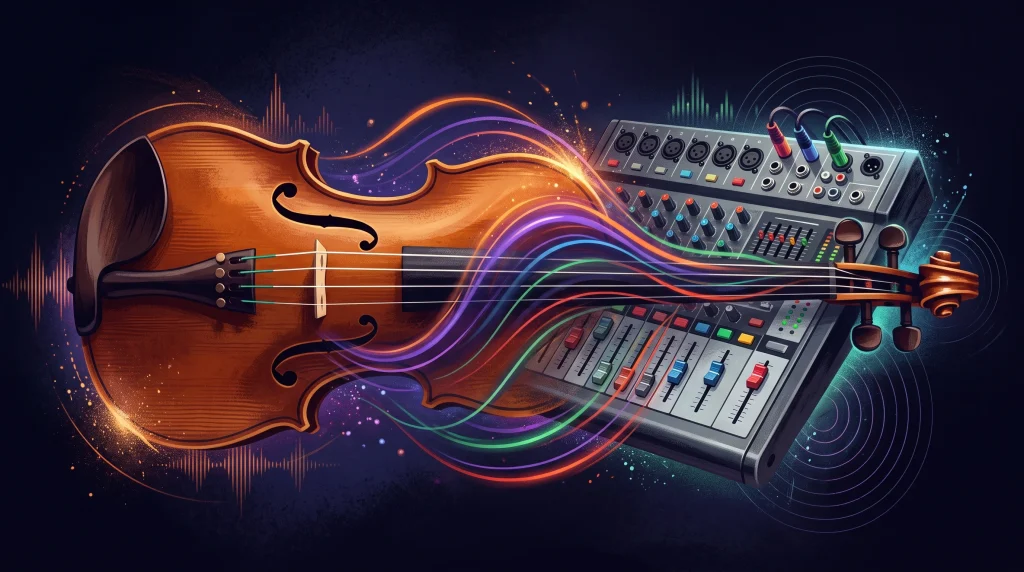 Conceptual illustration showing a blend of traditional folk and modern electronic music elements.