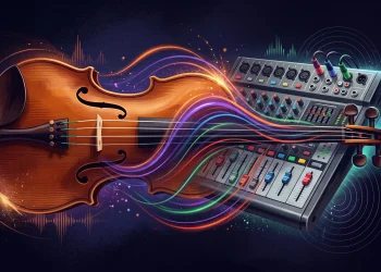 Conceptual illustration showing a blend of traditional folk and modern electronic music elements.
