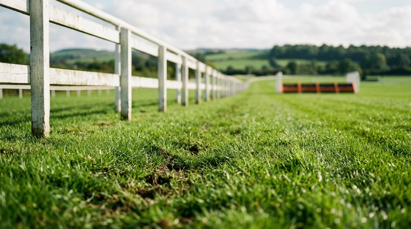 An artistic view of a grass racecourse and hurdle