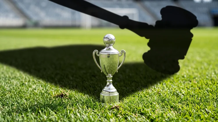 Conceptual image of a football trophy under the shadow of a legal gavel