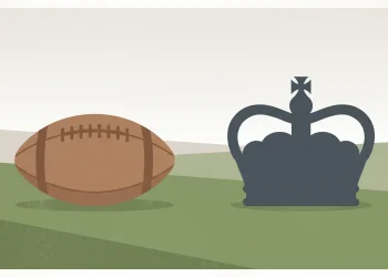 Conceptual illustration of a football and a crown silhouette on a field