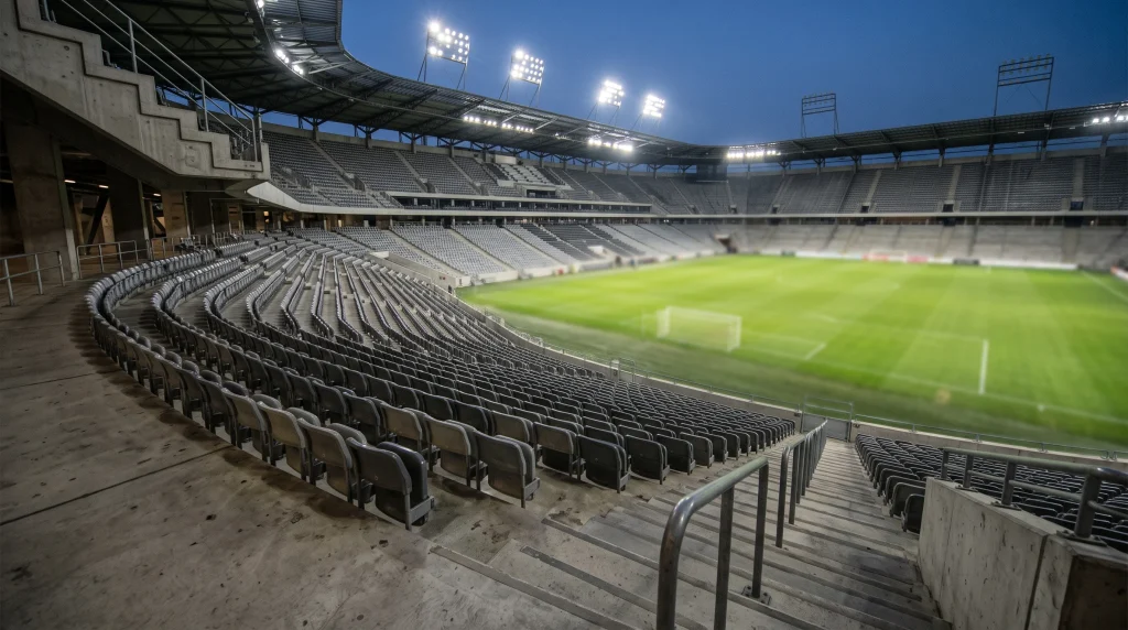 Empty stadium seating overlooking a blurred football pitch.