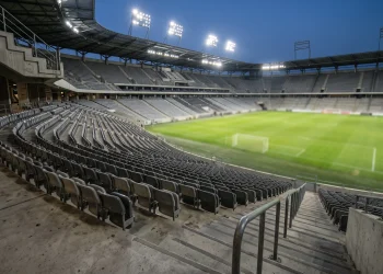 Empty stadium seating overlooking a blurred football pitch.