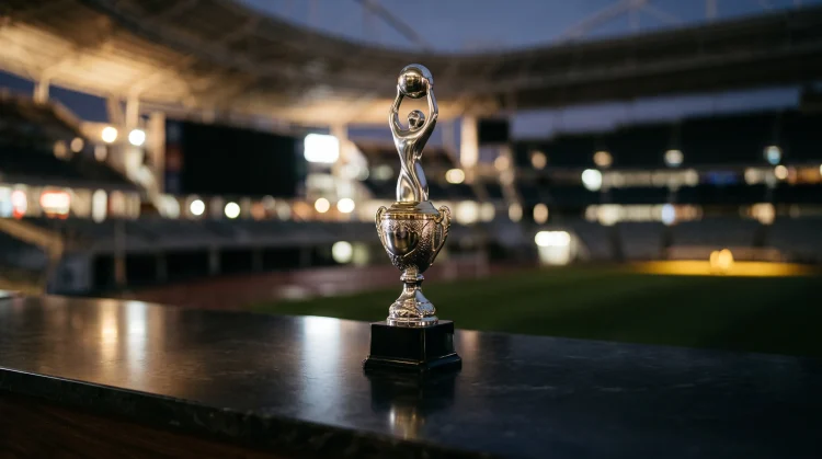 A gold-colored football trophy resting on a dark reflective surface.